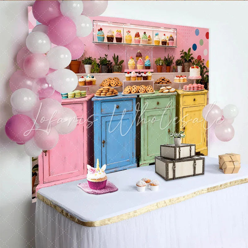 Lofaris Bunter Shabby Chic Desserttisch-Hintergrund für Geburtstagsfeiern und Babypartys mit Cupcakes und Makronen