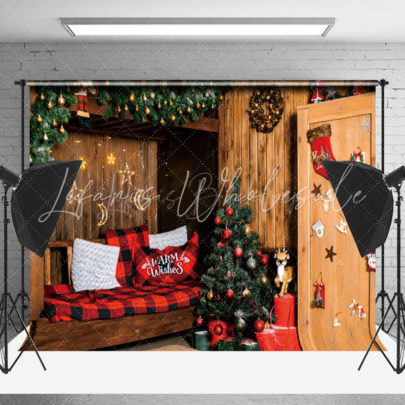 Lofaris Cabin Festive Wreath Wood Sofa Christmas Backdrop
