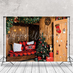Lofaris Cabin Festive Wreath Wood Sofa Christmas Backdrop