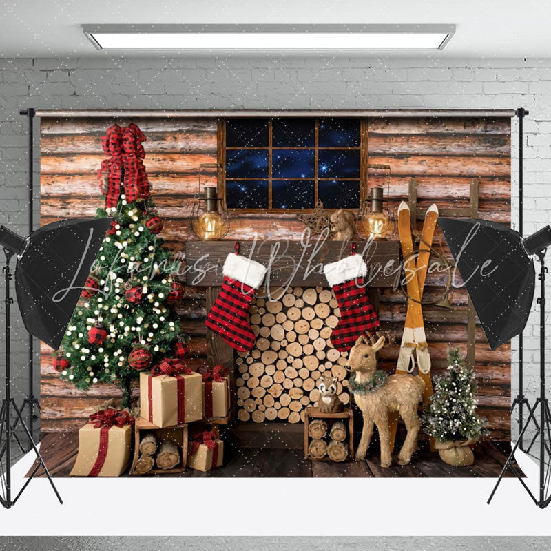 Lofaris Cabin Wood Window Stack Elk Tree Christmas Backdrop