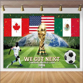Lofaris Canada Mexico USA Flags Sports Championship Backdrop with Golden Trophy Green Soccer Field Earth Design Photo Background for Fan
