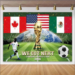 Lofaris Canada Mexico USA Flags Sports Championship Backdrop with Golden Trophy Green Soccer Field Earth Design Photo Background for Fan