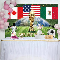 Lofaris Canada Mexico USA Flags Sports Championship Backdrop with Golden Trophy Green Soccer Field Earth Design Photo Background for Fan