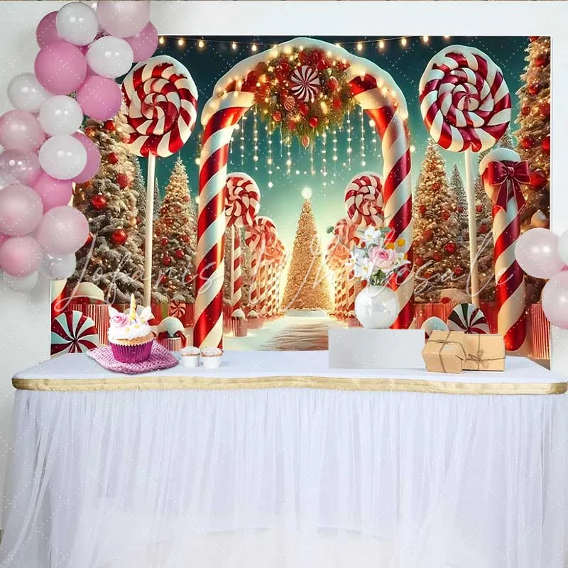 Lofaris Candy Cane Lane Christmas Backdrop Snowy Lollipop Wonderland Party Banner for Winter Decor