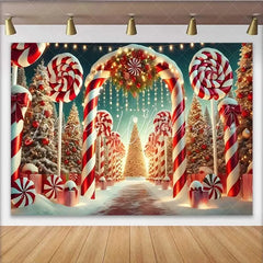Lofaris Candy Cane Lane Christmas Backdrop Snowy Lollipop Wonderland Party Banner for Winter Decor
