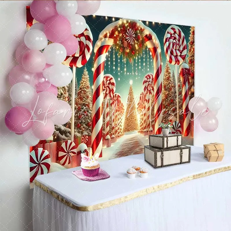 Lofaris Candy Cane Lane Christmas Backdrop Snowy Lollipop Wonderland Party Banner for Winter Decor