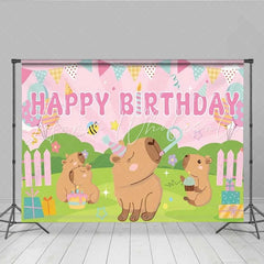 Lofaris Capybara Family Birthday Backdrop Pink Sunburst Party Decoration for Kids Birthday Party