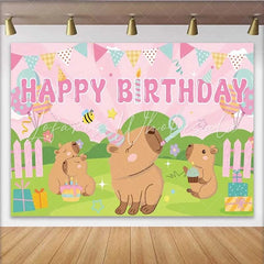 Lofaris Capybara Family Birthday Backdrop Pink Sunburst Party Decoration for Kids Birthday Party