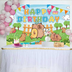 Lofaris Capybara Happy Birthday Backdrop Cute Cartoon Animals Green Grass Photography Background Kids Birthday Party Decoration