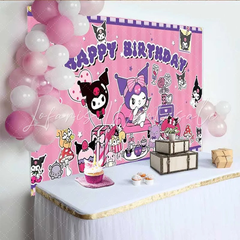Lofaris Cartoon Anime Girl Birthday Backdrop Cute Purple Devil Party Decoration Pink Star Skull Happy Birthday Banner Photo Background