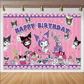 Lofaris Cartoon Anime Girl Birthday Backdrop Cute Purple Devil Party Decoration Pink Star Skull Happy Birthday Banner Photo Background