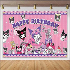 Lofaris Cartoon Anime Girl Birthday Backdrop Cute Purple Devil Party Decoration Pink Star Skull Happy Birthday Banner Photo Background