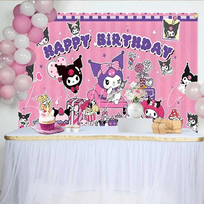 Lofaris Cartoon Anime Girl Birthday Backdrop Cute Purple Devil Party Decoration Pink Star Skull Happy Birthday Banner Photo Background
