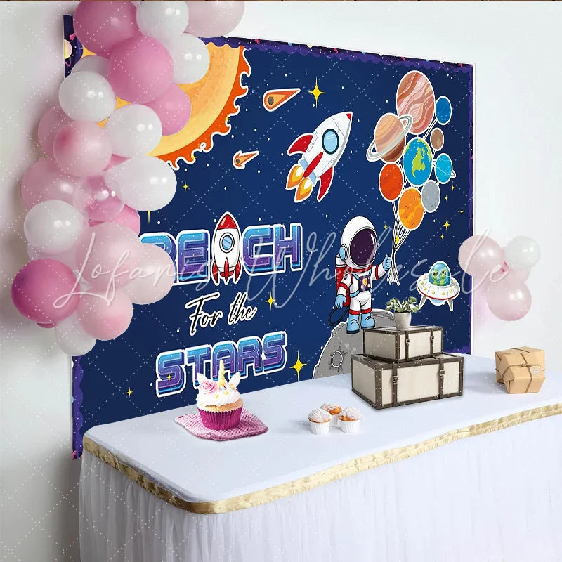 Lofaris Cartoon Astronaut Space Birthday Backdrop with Planets and Rocket ’Reach for the Stars’ Theme Background for Kids Party Photography