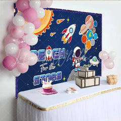 Lofaris Cartoon Astronaut Space Birthday Backdrop with Planets and Rocket ’Reach for the Stars’ Theme Background for Kids Party Photography