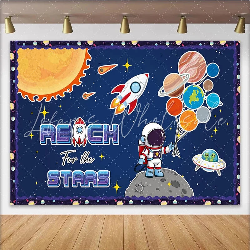 Lofaris Cartoon Astronaut Space Birthday Backdrop with Planets and Rocket ’Reach for the Stars’ Theme Background for Kids Party Photography