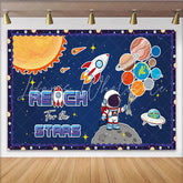 Lofaris Cartoon Astronaut Space Birthday Backdrop with Planets and Rocket ’Reach for the Stars’ Theme Background for Kids Party Photography