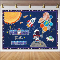 Lofaris Cartoon Astronaut Space Birthday Backdrop with Planets and Rocket ’Reach for the Stars’ Theme Background for Kids Party Photography