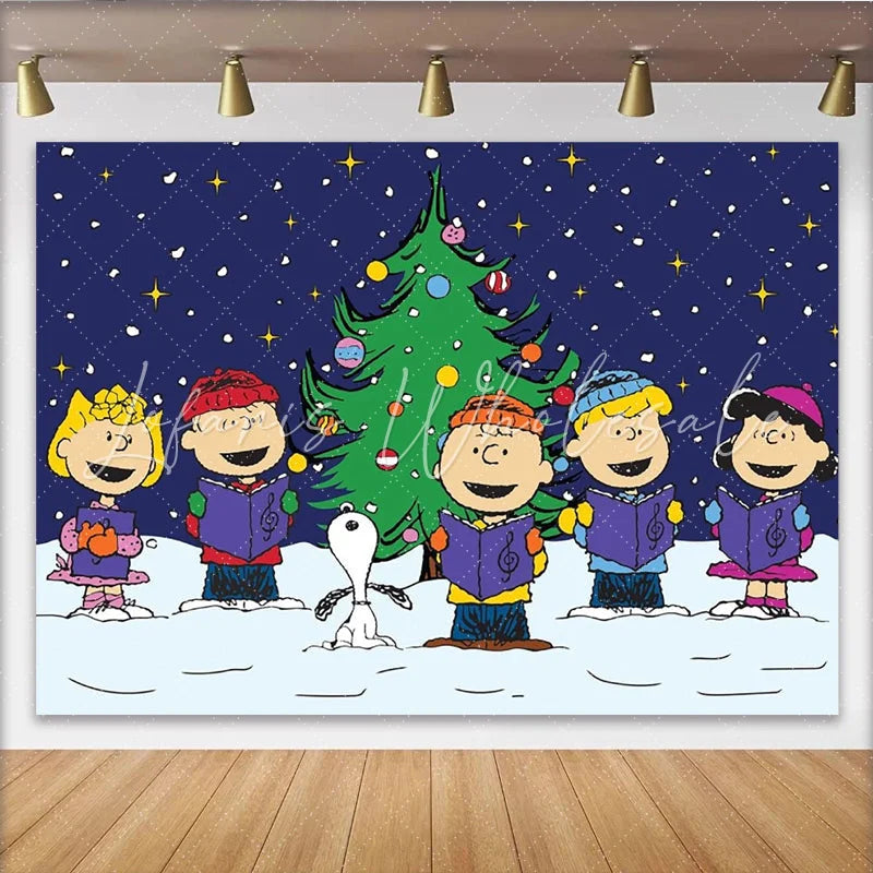 Lofaris Cartoon Christmas Caroling Backdrop Winter Snow Night Singing Group Photography Background Xmas Holiday Party Decoration