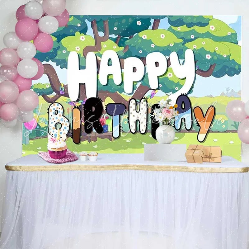 Lofaris Cartoon Dog Family Happy Birthday Backdrop Blue Puppy Big Tree Boys Girls Party Photography Background