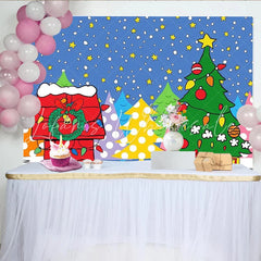 Lofaris Cartoon Doghouse Christmas Backdrop Colorful Winter Trees Snow Photography Background Kids Xmas Holiday Party Decoration