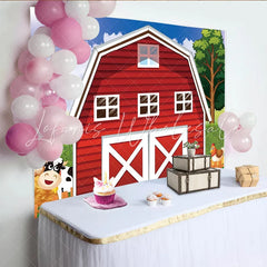 Lofaris Cartoon Farm Photography Backdrop with Red Barn Cow and Chicken Green Grass Blue Sky Background for Kids Party Decor