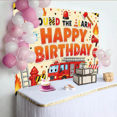 Lofaris Cartoon Firefighter Birthday Backdrop with Fire Truck and Alarm Exciting Party Background for Kids Photo Booth