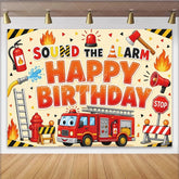 Lofaris Cartoon Firefighter Birthday Backdrop with Fire Truck and Alarm Exciting Party Background for Kids Photo Booth