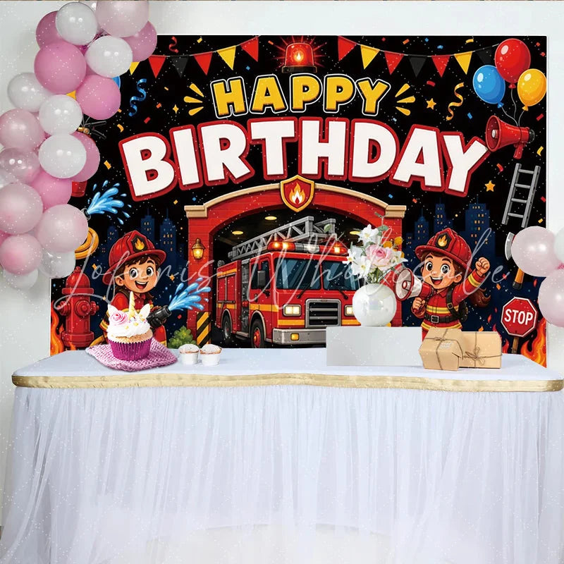 Lofaris Cartoon Firefighter Birthday Backdrop with Fire Truck and Balloons for Kids Party Hero Theme Photography Background Decor
