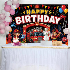 Lofaris Cartoon Firefighter Birthday Backdrop with Fire Truck and Balloons for Kids Party Hero Theme Photography Background Decor