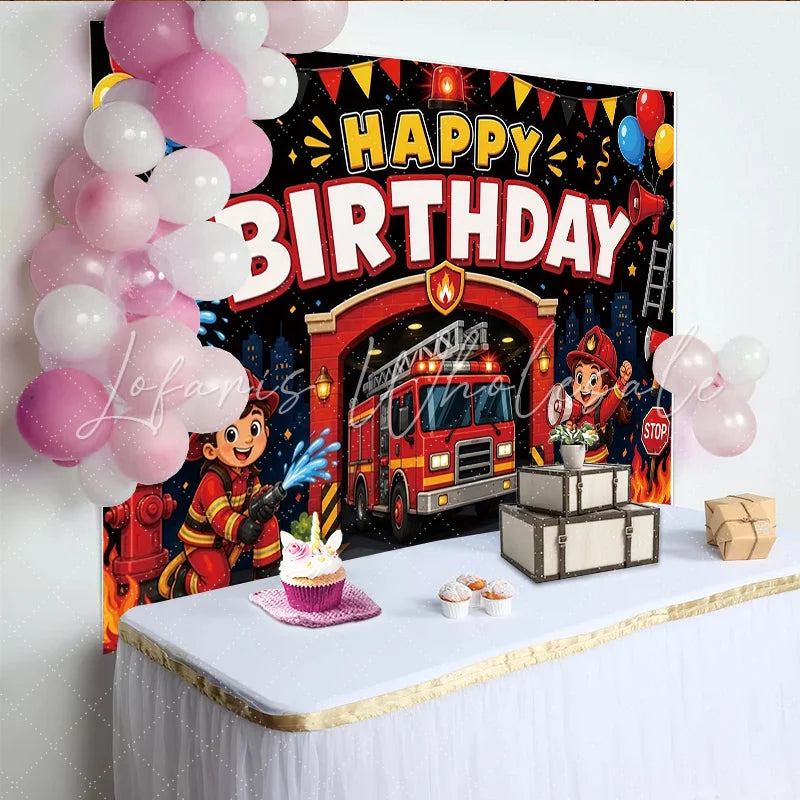 Lofaris Cartoon Firefighter Birthday Backdrop with Fire Truck and Balloons for Kids Party Hero Theme Photography Background Decor
