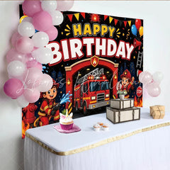 Lofaris Cartoon Firefighter Birthday Backdrop with Fire Truck and Balloons for Kids Party Hero Theme Photography Background Decor