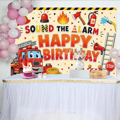 Lofaris Cartoon Firefighter Birthday Backdrop with Fire Truck and Siren Sound the Alarm Theme Photo Background for Kids Party Decor