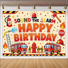 Lofaris Cartoon Firefighter Happy Birthday Backdrop with Fire Trucks and Alarm Vibrant Fire Station Theme for Kids Party Photography
