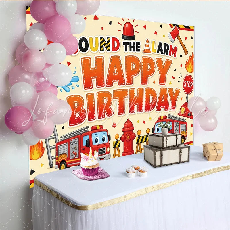 Lofaris Cartoon Firefighter Happy Birthday Backdrop with Fire Trucks and Alarm Vibrant Fire Station Theme for Kids Party Photography