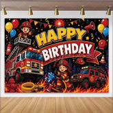 Lofaris Cartoon Firefighter Happy Birthday Backdrop with Fire Trucks and Balloons Vibrant Party Background for Kids Photoshoot
