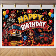 Lofaris Cartoon Firefighter Happy Birthday Backdrop with Fire Trucks and Balloons Vibrant Party Background for Kids Photoshoot