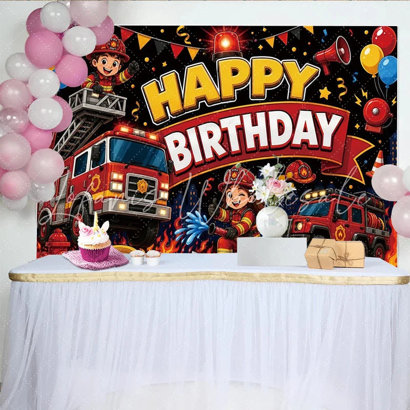 Lofaris Cartoon Firefighter Happy Birthday Backdrop with Fire Trucks and Balloons Vibrant Party Background for Kids Photoshoot