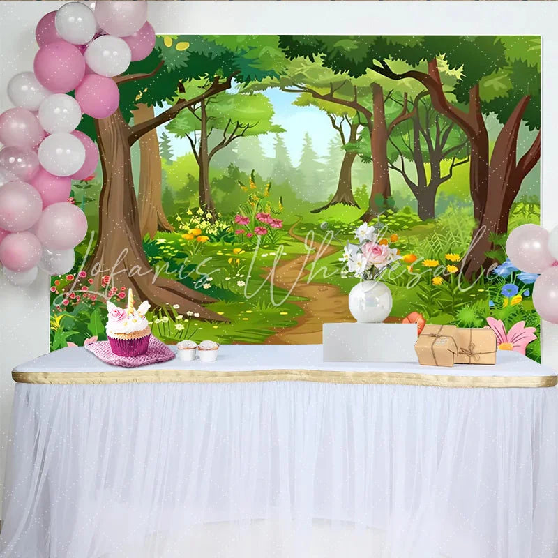 Lofaris Cartoon Forest Photography Backdrop with Winding Path and Flowers Lush Woodland Background for Kids Party and Studio Photoshoot
