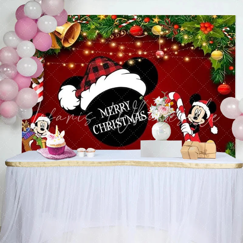 Lofaris Cartoon Mouse Christmas Backdrop Red Santa Hat Merry Christmas Background Party Decoration Winter Xmas Photo Booth