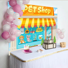 Lofaris Cartoon Pet Shop Photography Backdrop with Cute Animals and Bright Awning Fun Studio Background for Kids Party Photoshoot