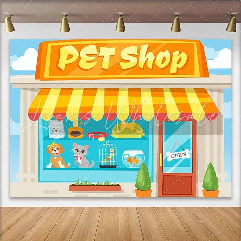 Lofaris Cartoon Pet Shop Photography Backdrop with Cute Animals and Bright Awning Fun Studio Background for Kids Party Photoshoot