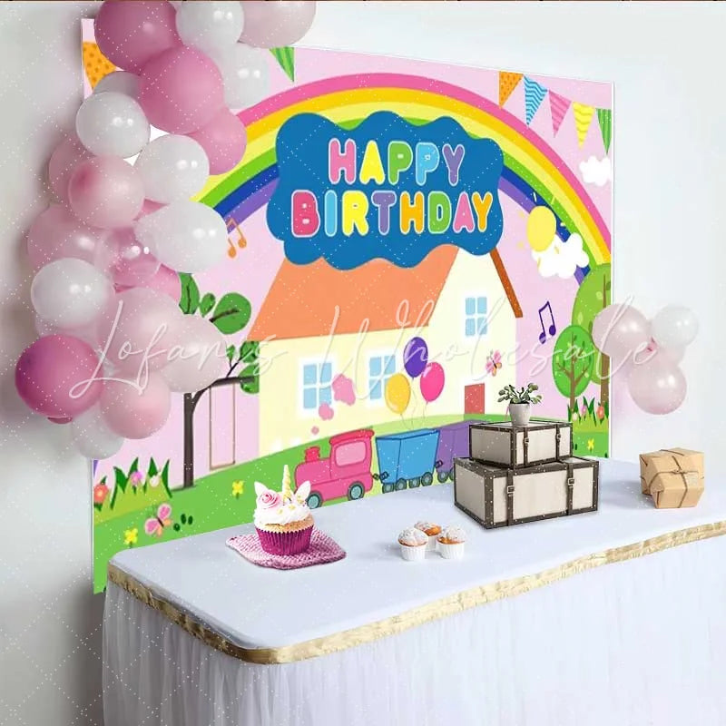 Lofaris Cartoon Pink Pig Birthday Backdrop Rainbow House Train Party Decoration Sunny Garden Kids Happy Birthday Banner Photography Prop