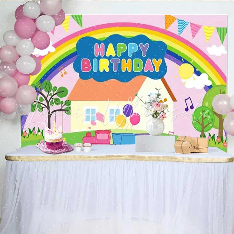 Lofaris Cartoon Pink Pig Birthday Backdrop Rainbow House Train Party Decoration Sunny Garden Kids Happy Birthday Banner Photography Prop