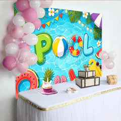 Lofaris Cartoon Pool Birthday Backdrop with Inflatable Letters and Summer Floats Vibrant Party Background for Kids Celebration
