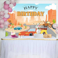 Lofaris Cartoon Racing Car Desert Canyon Birthday Backdrop Road Trip Party Decoration Background for Kids