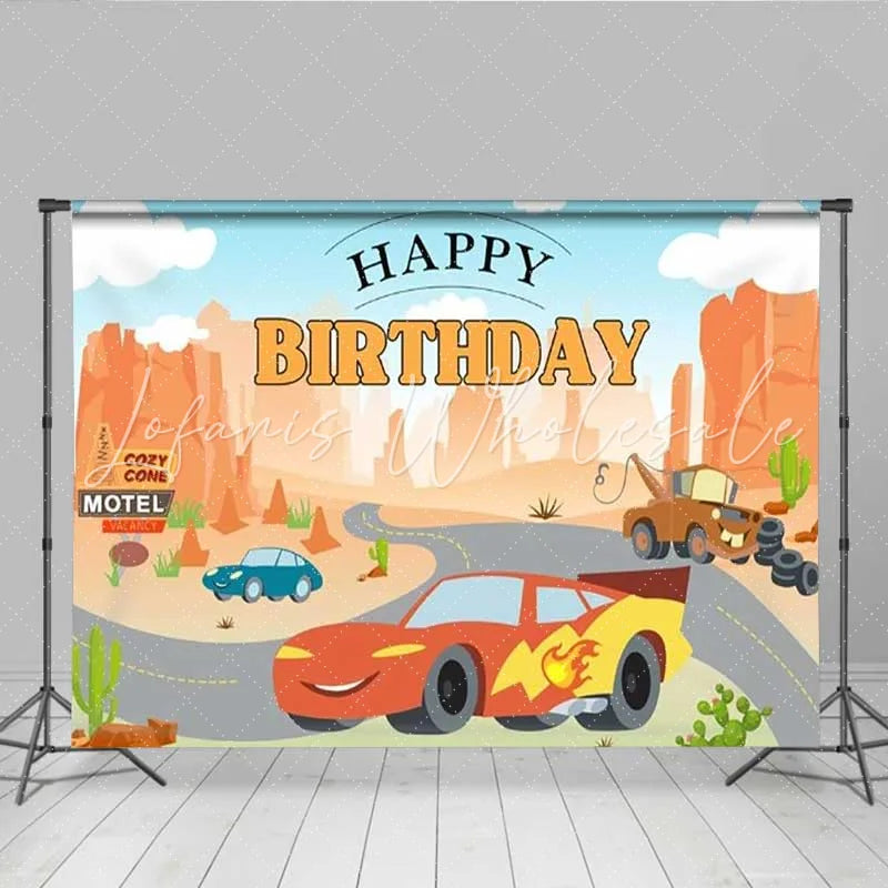 Lofaris Cartoon Racing Car Desert Canyon Birthday Backdrop Road Trip Party Decoration Background for Kids