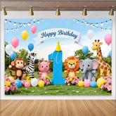 Lofaris Cartoon Safari Animal 1st Birthday Backdrop with Balloons and String Lights Adorable Jungle Photo Background for Party Decor