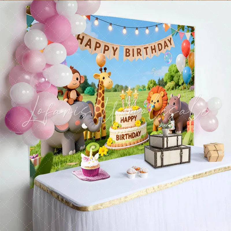 Lofaris Cartoon Safari Animal Happy Birthday Backdrop with Balloons and Cake Green Grass Party Photography Background for Kids