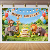 Lofaris Cartoon Safari Animal Happy Birthday Backdrop with Balloons and Cake Green Grass Party Photography Background for Kids